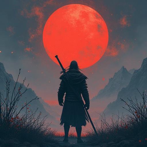 A warrior stands alone on a rocky cliff. Background features a giant red moon illuminating the scene. Mountains visible in the distance under a moody sky. Vegetation includes dark branches and wild grass. The warrior wields a sword and wears traditional attire. Image conveys a sense of solitude and epic atmosphere.