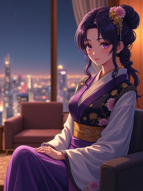 Anime-style matured lady with dark violet hair in an elegant updo, wearing a luxurious kimono with floral patterns, seated on a couch in a sophisticated lounge with a cityscape view. Warm ambient lighting enhances the elegance and calm atmosphere.