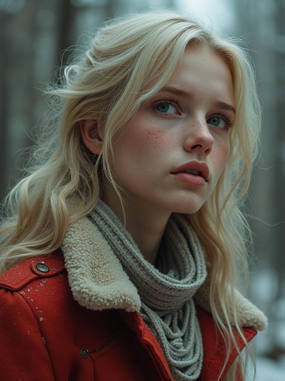 Beautiful woman with long blonde hair looking thoughtfully to side. Wearing stylish red coat and gray scarf. Background has soft focus of winter forest. Evokes calm and confidence.