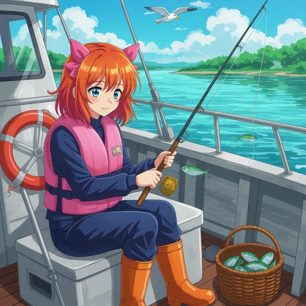 Anime girl with red hair and pink bow fishing on a boat. Wearing a pink life jacket and navy blue pants. Tangerine wellies and a basket of fish.