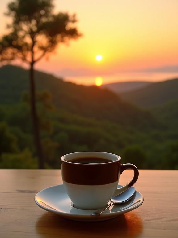 Tranquil sunrise scene focusing on a coffee cup in the foreground. Ceramic coffee cup with saucer and spoon. Coffee is dark, possibly espresso. Cup has dark brown top and white bottom. Cup on smooth wooden table. Background features lush green hills and a golden-orange sun above the horizon. Image evokes peace and connection to nature.