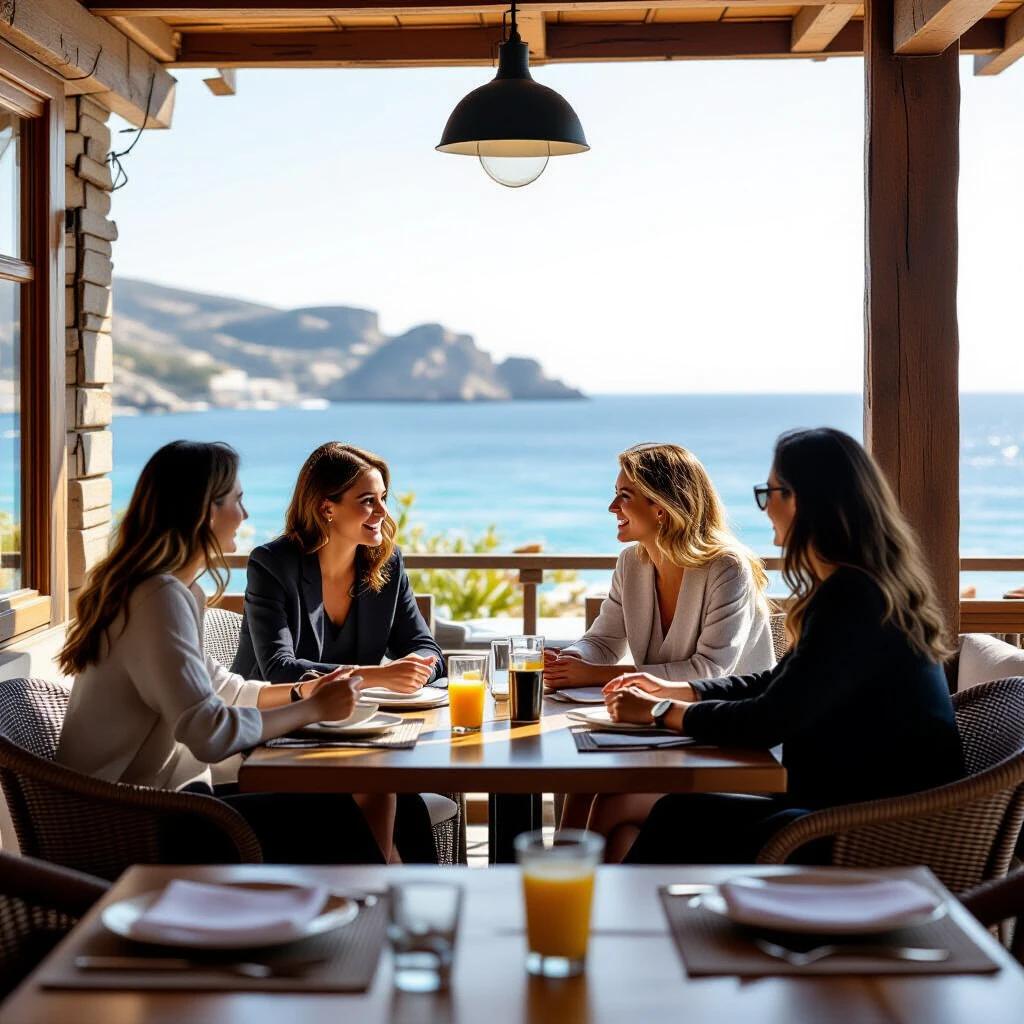 Businesswomen sitting in a café by the beach. They are engaged in a conversation with sea views. The setting is bright and inviting with a modern design. The atmosphere is relaxed and professional.
