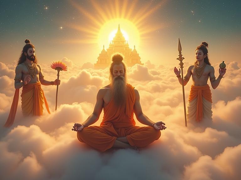 A serene scene in clouds with a glowing golden temple in background. A yogi with a long beard meditates in orange robe. A Hindu god on the left with a halo holding a lotus and weapon. Another god on the right with three faces and arms holding a lotus, pot, and rosary. The scene evokes peace and spirituality.