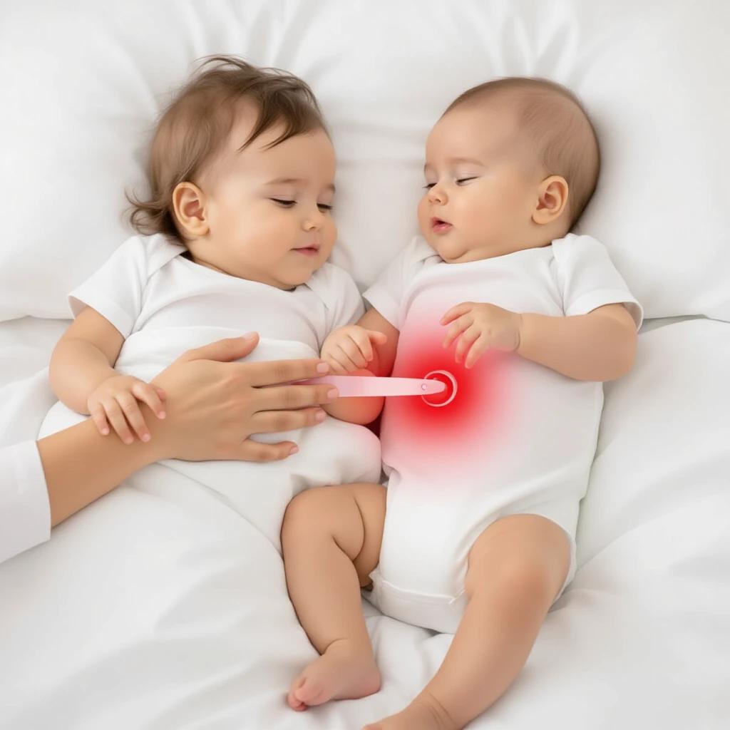 Two infants lying on a white bed. One child is holding a red glowing object gently touching the waist area. Both infants wearing white onesies. Redness noticeable around the waist area.