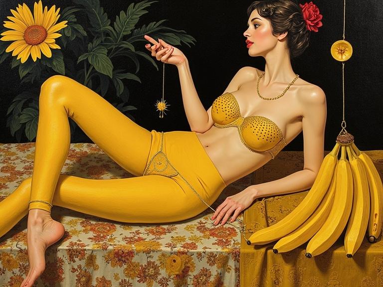 A striking artwork featuring a female figure in a bold yellow outfit. The model poses elegantly with a relaxed demeanor. Surrounding the model are vibrant sunflowers and a delicate tablecloth. Bananas are arranged prominently beside her. The artwork engages viewers with its artistic flair. Evocative of sensual themes. The colors and design create a harmonious composition.