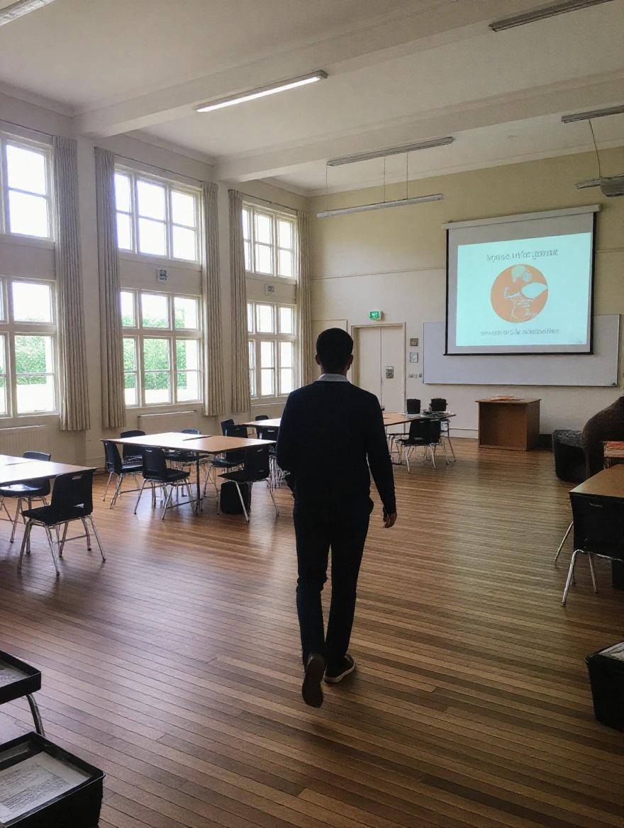 Scene in a school hall shows a teacher walking towards a presentation screen. Room has tables and chairs arranged neatly.