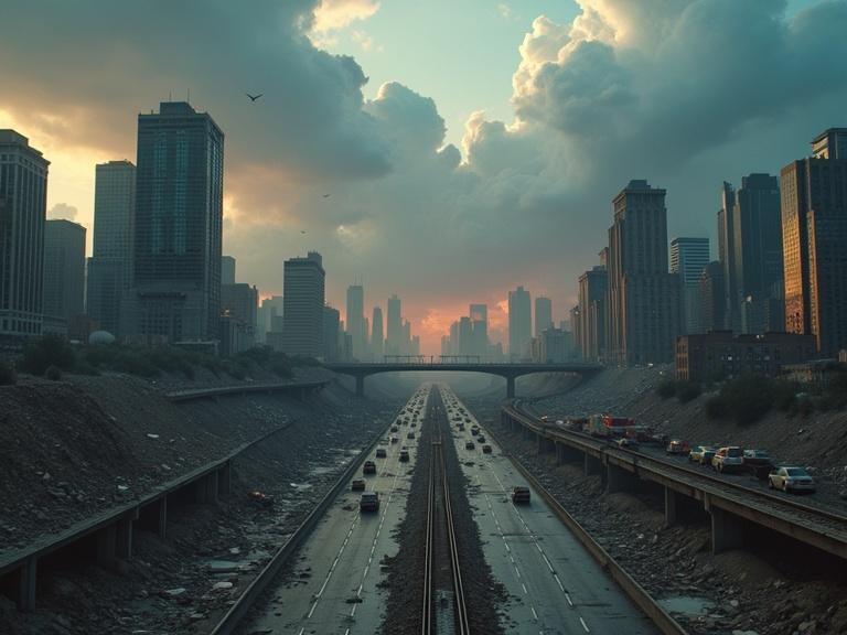 Cinematic wide shot showing earthquake devastation and stormy sky. Collapsed freeway interchanges. Twisted steel girders. Partially buried subway stations and exposed train cars. Tilted skyscrapers and crumbled office buildings. Zigzagging ground fissures and overturned vehicles. Ominous storm clouds and distant glow of fires. Deep depth of field and dramatic lighting.