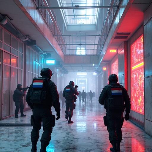 Dutch military forces explore an abandoned shopping mall. Military personnel wear futuristic gear with Dutch flag patches. Scene has vibrant neon colors and surreal architecture. Skirmish with rogue drones. Pulsating technological core discovered. Cracked marble floors and flickering displays appear. Mission highlights plan for city stronghold.