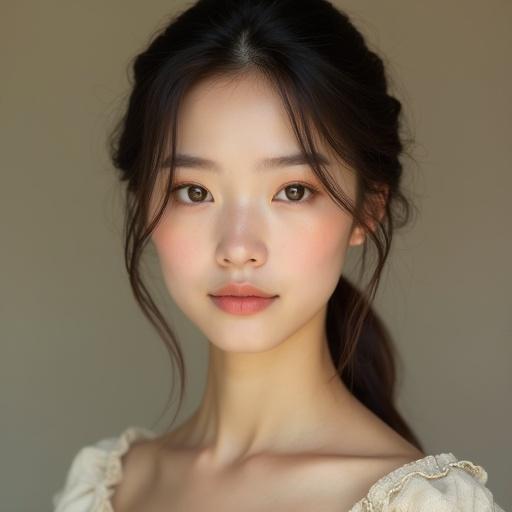 Artistic portrait of a young woman with Western and Japanese facial features. Porcelain skin with a soft glow. Almond-shaped warm brown eyes. Bold eyebrows. Delicate nose and natural pink lips. Elegant makeup. Serene expression. Gentle cleavage visible under a medieval-style dress. Loosely tied soft hair. Neutral studio backdrop with warm lighting.