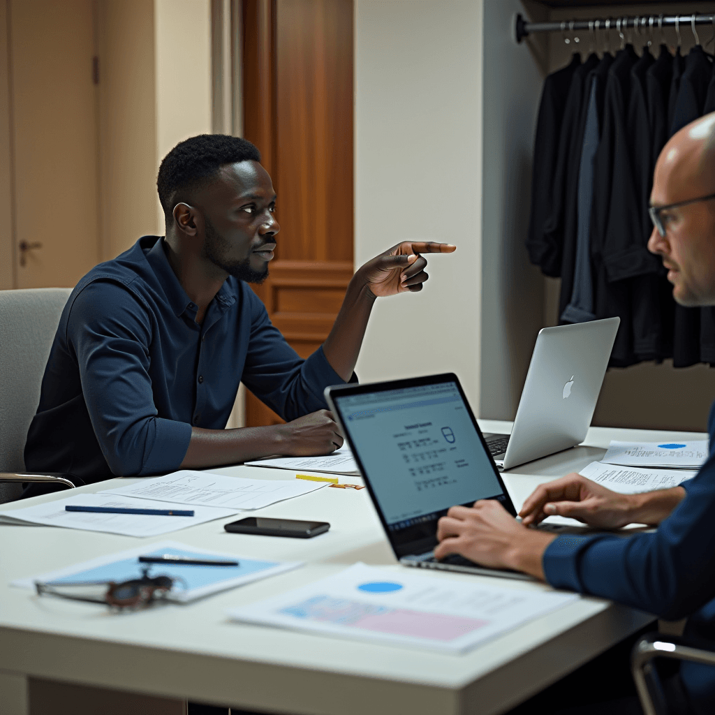 Two men in an office are having a discussion with laptops and documents on the table.