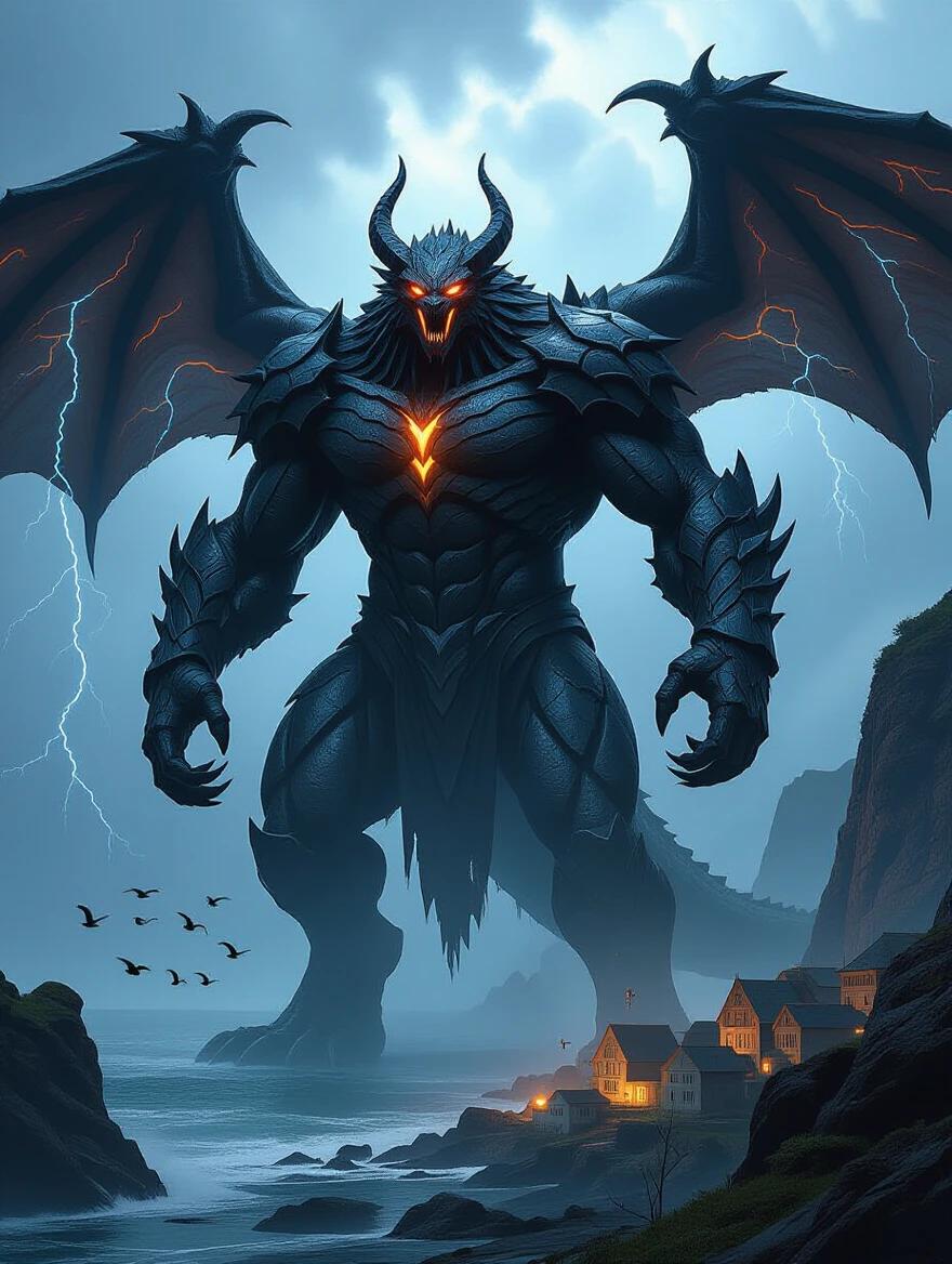 A towering beast known as the Thunderback Sentinel stands on a storm-lashed cliff. The beast is black with glowing veins and eyes. It shields a coastal village with its wings. Children play around its tail. The sky is filled with storms.