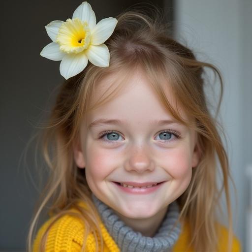 Cute Scandinavian girl with a daffodil flower in her hair. She looks directly at the camera and smiles warmly. The setting is softly lit, enhancing her features and cheerful expression.