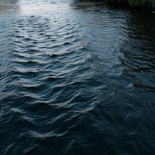 River with a dark rippling surface. Water shows visible waves and currents. Flowing smoothly with slight turbulence. Consistent width and clear enough to see current movement.
