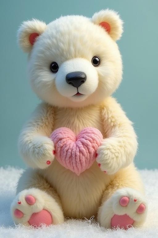A cute, fluffy polar bear holding a pink heart. The bear has big round eyes and soft fur, with pink detailing on its paws.