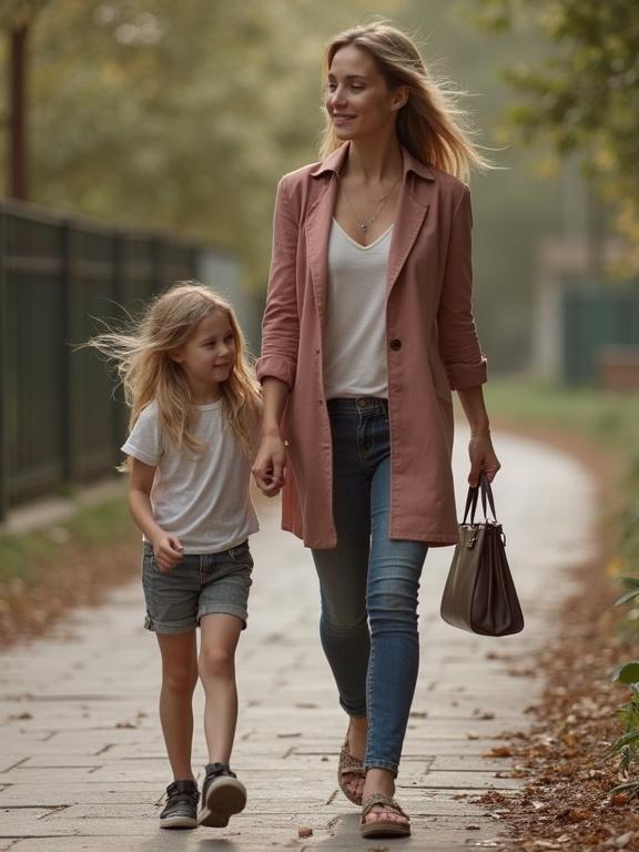 Mother and child walking together on a pathway in a park. Mother wears a pink coat and holds a handbag. Child has long hair and a casual outfit. Natural, soft lighting creates a warm atmosphere.