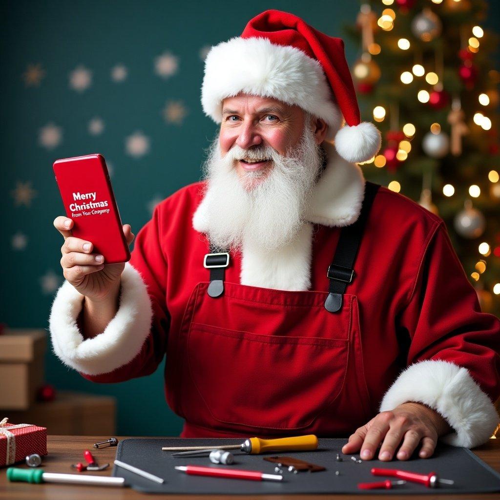 A festive poster features Santa Claus as a cheerful mobile repair technician. Santa wears red overalls and a Santa hat while holding a red smartphone. The screen shows 'Merry Christmas from [Your Company]'. Tools like screwdrivers are placed around him on a repair mat. In the background, a decorated Christmas tree with lights and ornaments creates a joyful atmosphere. The scene is warm and welcoming, promoting mobile repair services during the holiday season.