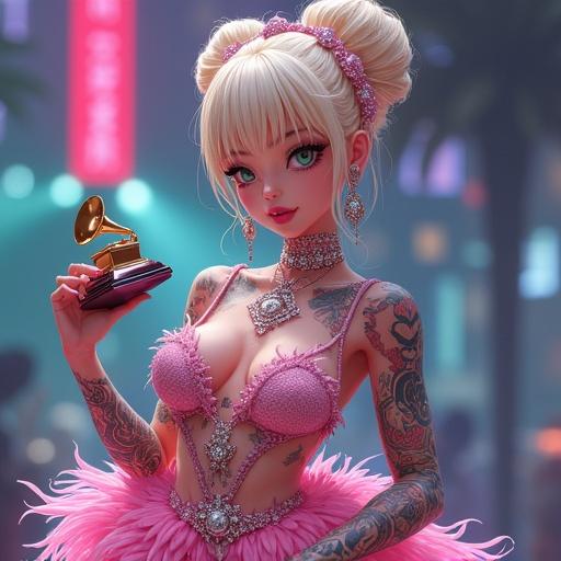 Anime inspired character at a music awards show holding a Grammy. Elegant light pink feathered dress with diamond jewelry. Modern futuristic environment. Half Japanese and half Saiyan appearance. Happy expression. Night setting in Los Angeles with colorful tattoos.