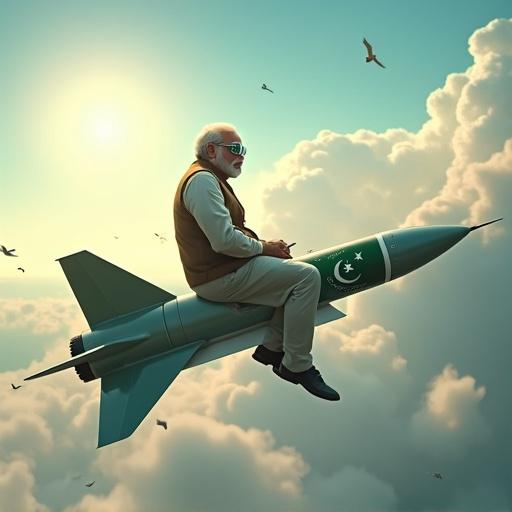 Narendra Modi with aviator goggles sits on a futuristic missile. Missile features a Pakistan flag and green smoke trails. Background includes clouds and sunlight. The atmosphere blends dynamic art with surreal fantasy.
