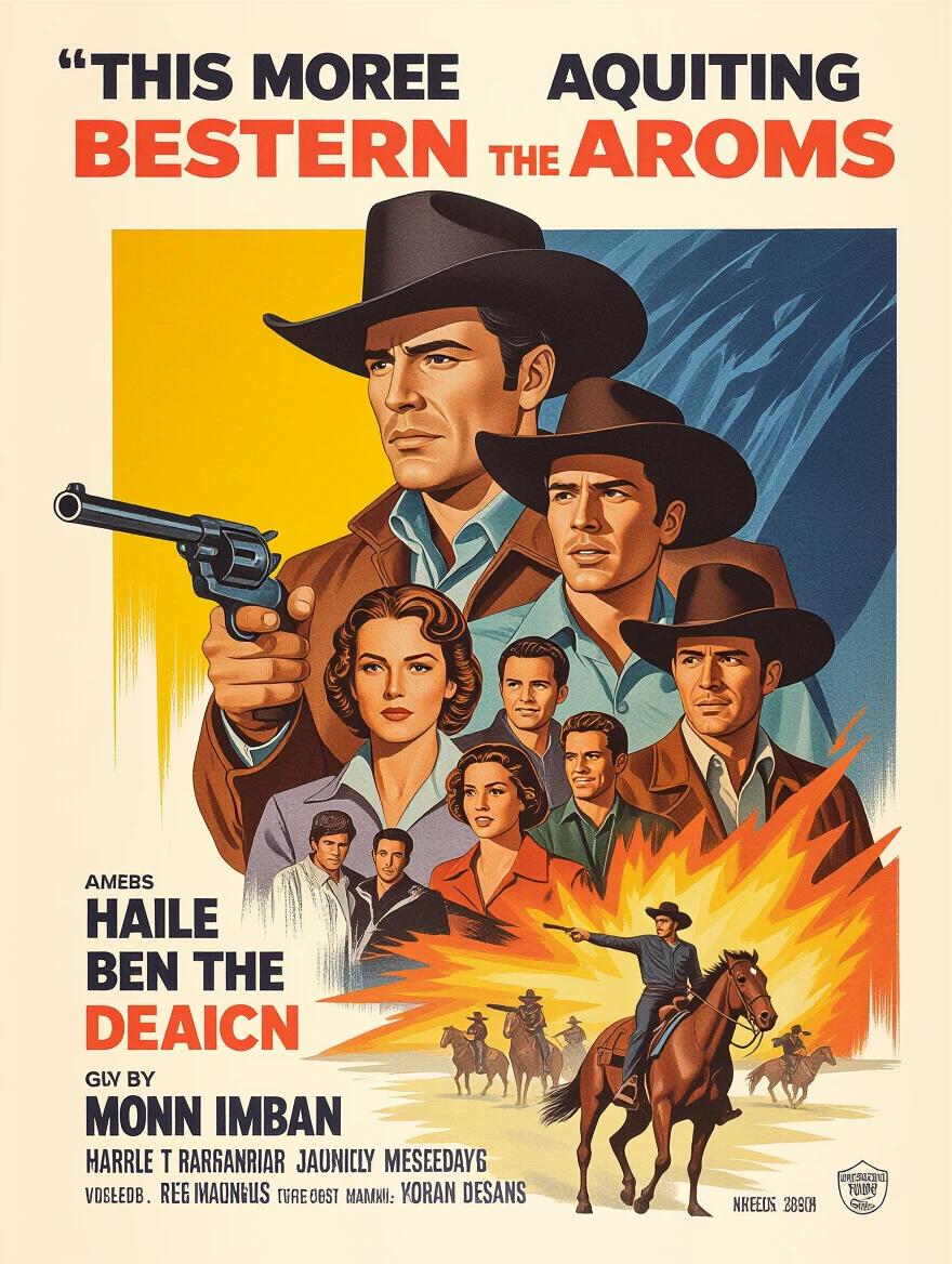 A stylized Western movie poster featuring multiple cowboys in action. A prominent cowboy on a horse in the foreground. Dynamic explosion in the background. Warm, nostalgic colors enhance the scene. Captures the essence of classic cowboy tales.