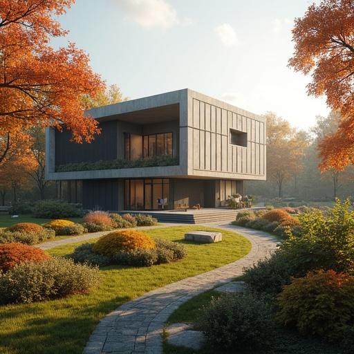 Modern and artistic building of a university situated in a big garden. Scene features autumn colors and morning light. Building has a unique design with no people present. Emphasizes harmony with nature. Composition follows the rule of thirds.