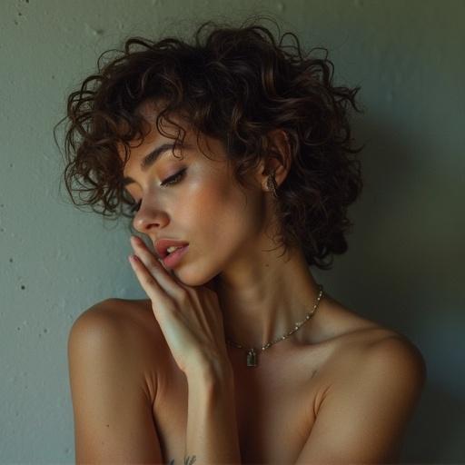 A transformed male figure to female character. Short curly hair. Minimal makeup. Tender expression. Bare shoulders. Soft lighting.