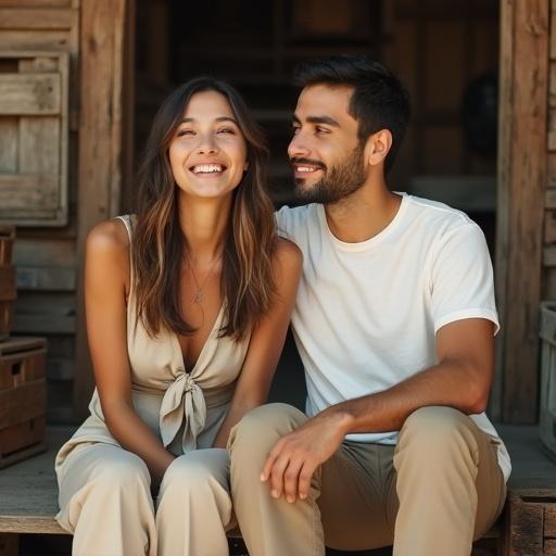Candid photograph of a young couple sitting on wooden steps. Woman with layered straight hair laughs joyfully. She wears a sleeveless blouse and high-rise trousers. Man with youthful face and Latino-American features smiles at the camera. He wears a white t-shirt and beige pants. Background includes vintage crates in soft sunlight. Image has warm sepia tones and subtle film grain. Intimate composition.