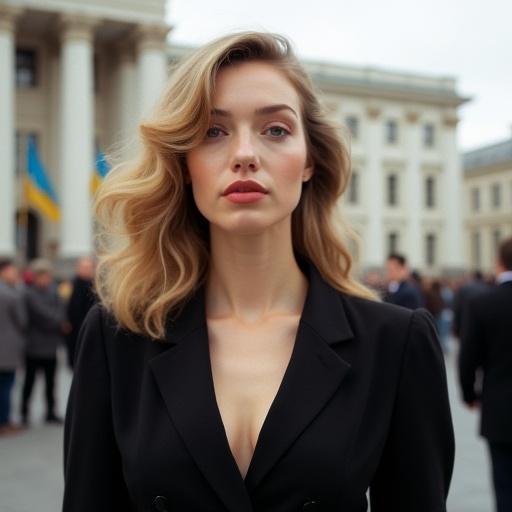 Realistic portrait of a woman with vintage blonde wavy hair. She wears a black blazer with a deep V-neck. Background features a government building and Ukrainian flags. Skin texture is detailed with subtle makeup and bold lipstick. Illumination from a ring light creates even lighting. Shot on Kodak Ektar 100 film highlighting vibrant colors. Scene includes a bustling crowd in the background.