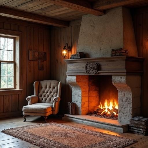A rustic wooden room features a fireplace, an armchair, and shelves with books. The design exudes warmth and coziness. The room has soft lighting and rustic decor elements.