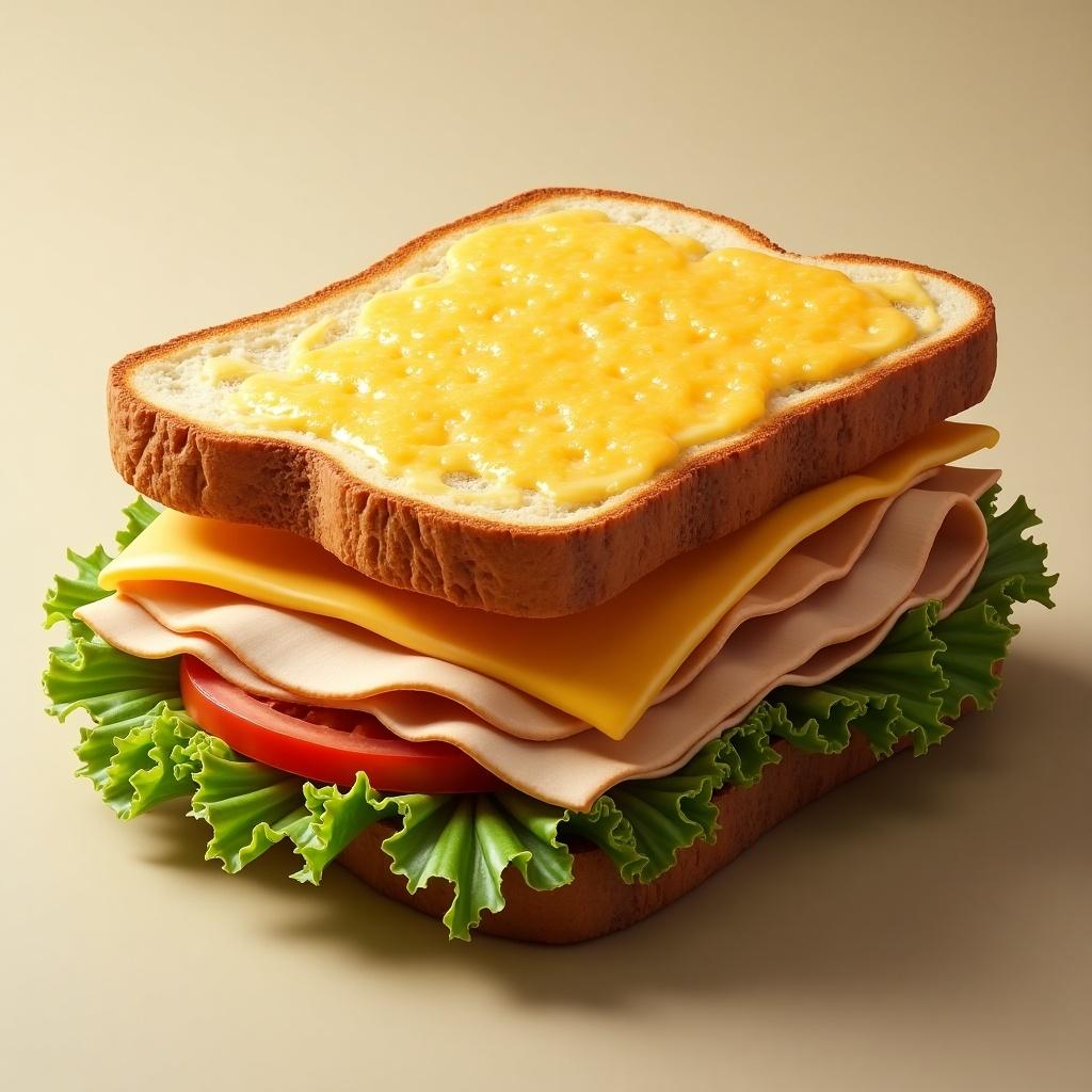 An ultra-realistic image of a sandwich featuring layers of turkey and cheese on golden brown toast. The sandwich is adorned with crisp iceberg lettuce and a slice of fresh tomato. The cheese is melted slightly, creating a tempting appearance. The colors are vibrant and appealing, making the sandwich look delicious. The top-down angle provides a clear view of the ingredients and their textures.