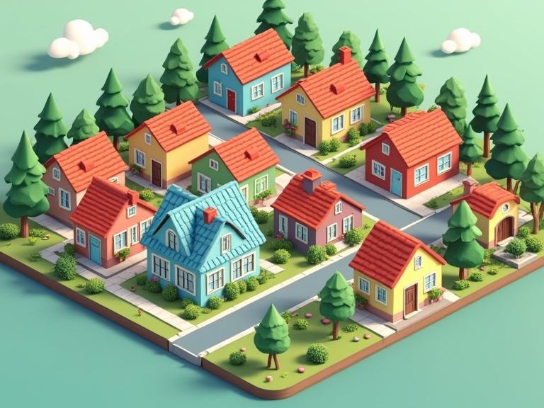 Generate an image of a safe town featuring colorful houses and trees arranged peacefully in a layout.