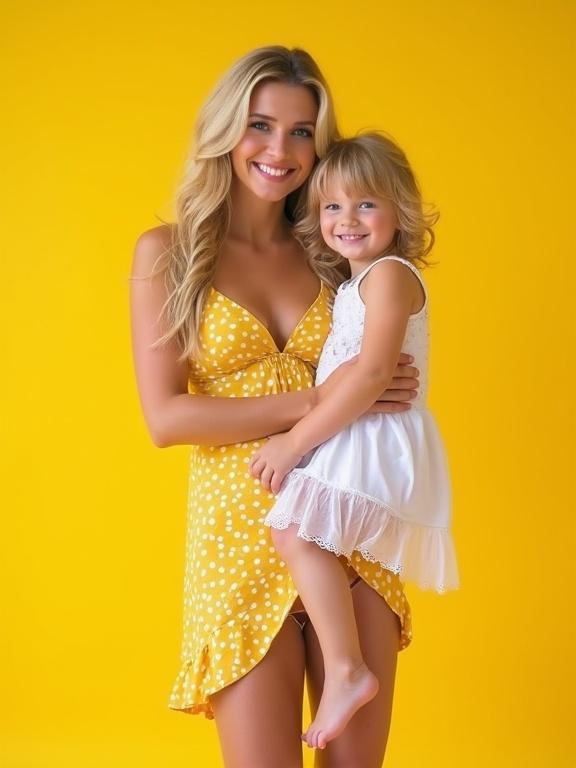 Portrait of a beautiful blonde mother with her daughter. Both are smiling and happy. Mother wears a yellow sundress with white polka dots. Daughter in a white dress. Bright yellow background enhances the joyful mood. Captured in an amateur style reminiscent of early 2000s digital photos.
