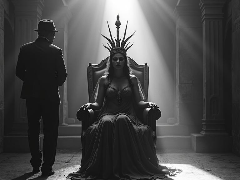 Black and white photograph with a vintage aesthetic captures an actress resembling Theda Bara. She sits elegantly on an Art Deco throne. The image highlights her metallic makeup and dramatic lighting. The photograph has an aged appearance with soft focus and grainy texture. The background features a dreamlike ziggurat set, softly blurred, enhancing the actress's presence.