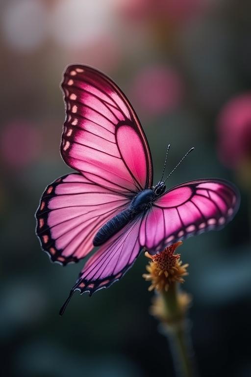 Dark pink and white colored side view of a flying butterfly on a flower. Details of wings visible. Soft background with blurred blooms. Beauty of nature captured in the image.