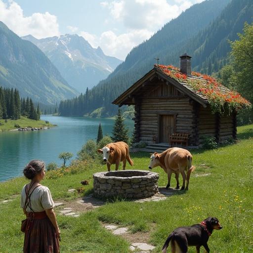 A wooden hut with flowers on the roof. An old woman in a skirt stands by a water well. Cows drink nearby. Green grass surrounds the scene. A lake is near the house. Forested mountains are in the background. Two dogs play in front of her. An alpine setting with a cinematic feel.