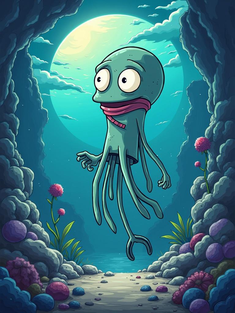 Poster design featuring a whimsical octopus character in a vibrant underwater setting with colorful corals and plants. Monochromatic blue lighting effects enhance the scene. The character has large eyes and a comedic expression, conveying a sense of playfulness and humor.