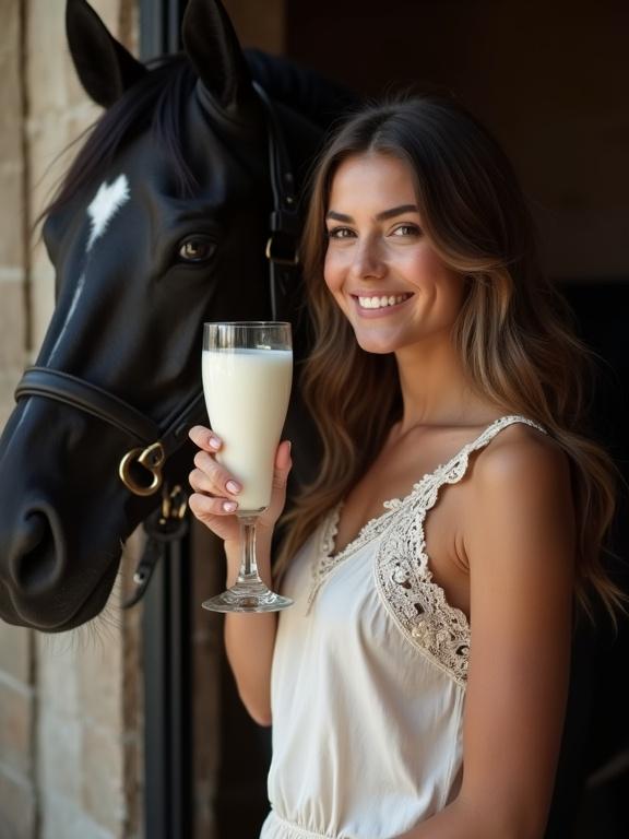 Woman holds a glass of thick cream. Black horse stands behind her. Scene set in a stable. Beautiful and elegant atmosphere.