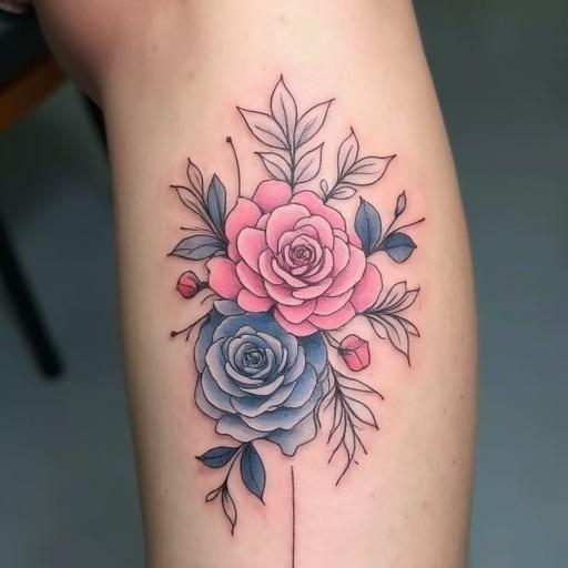 Tattoo features a floral arrangement primarily consisting of pink and blue roses. The design includes scrolling elements and green foliage to complement the flowers. The tattoo is depicted on a smooth skin surface.
