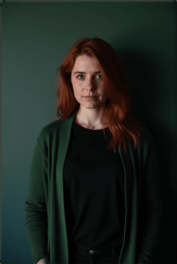 A woman with red hair stands against a green background, wearing a green sweater.