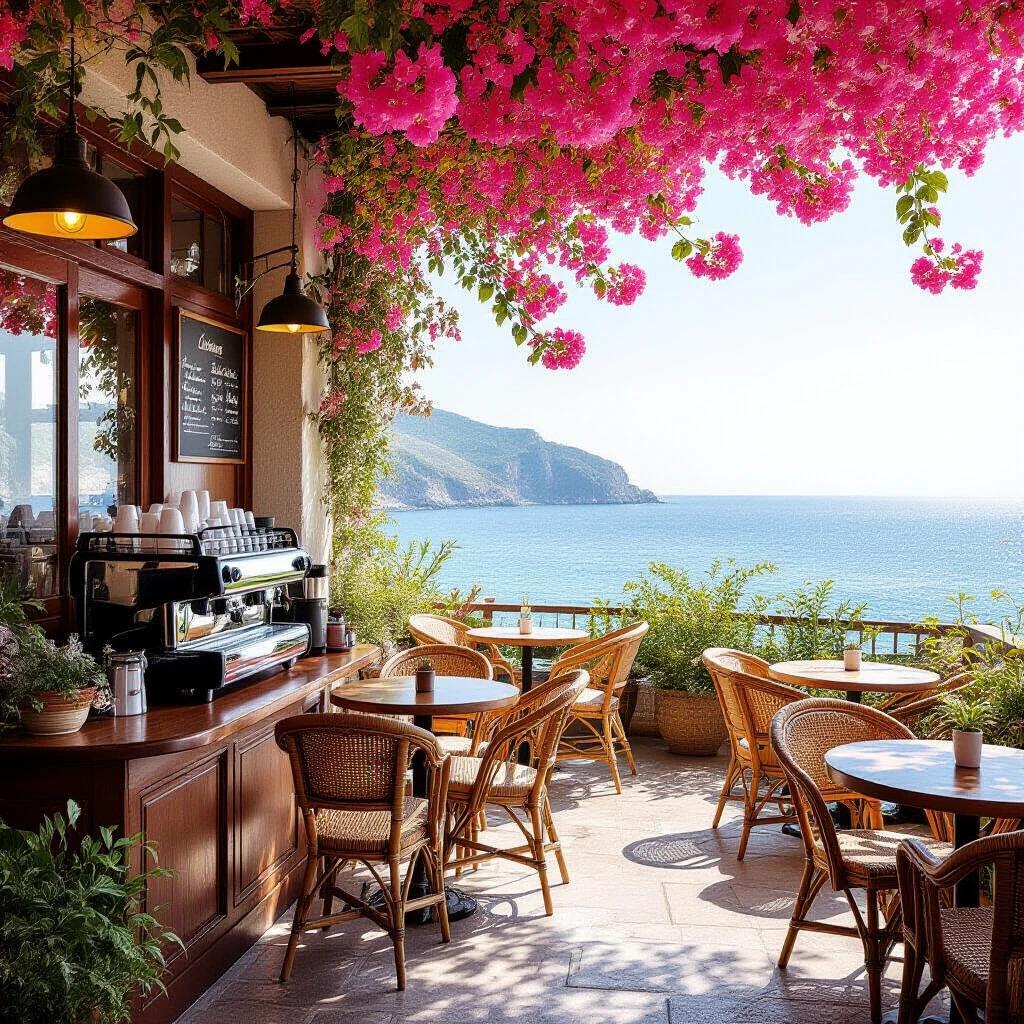 A picturesque coffee shop with vibrant pink flowers cascading over the balcony. The cafe features a beautiful view of the sea. Wicker chairs and tables are arranged for customers. The bright sun illuminates the scene. Perfect for enjoying a drink while taking in nature's beauty.