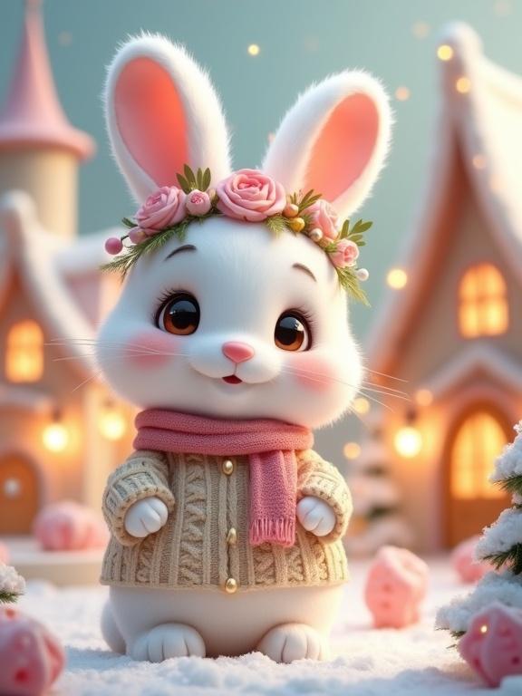 Cute white bunny in a whimsical winter village. Round body and fluffy fur. Large round eyes and pink nose. Wearing a knitted sweater and pink scarf. Surrounded by snow-covered cottages and fantastical flowers.