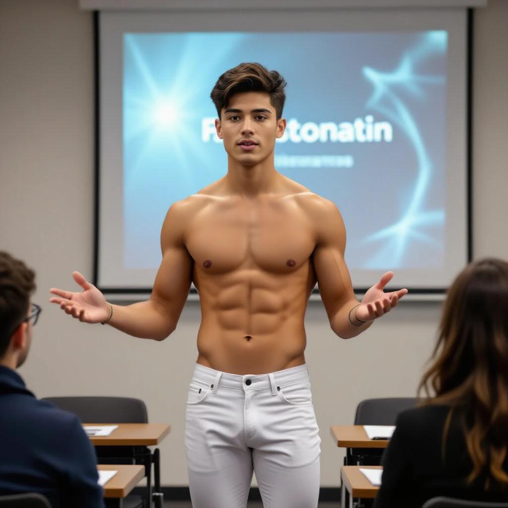 A young man stands confidently in front of classmates while presenting. He has dark hair and an athletic build. He wears tight white pants and his upper body is bare. A presentation is in the background.