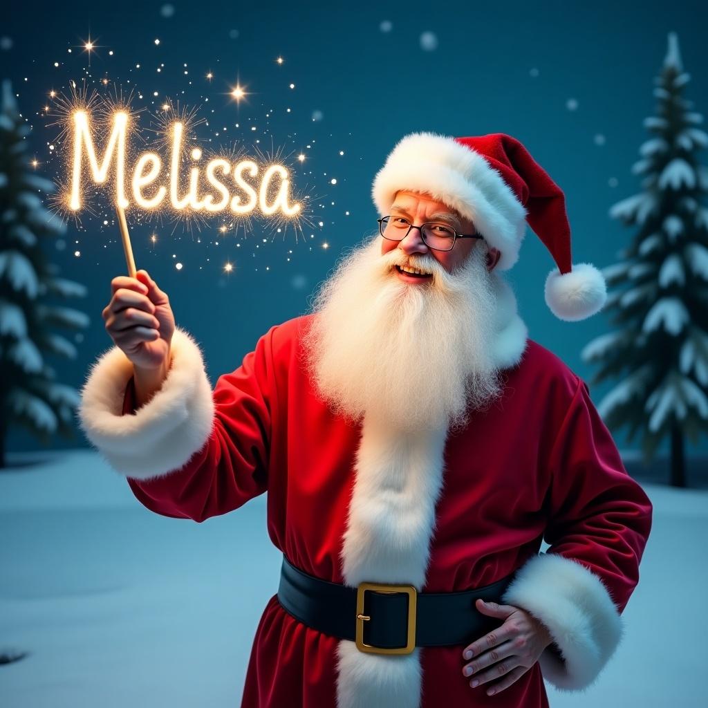 Jolly Santa Claus stands in snowy landscape. He holds a magical wand shining with sparkles that form the name Melissa. Santa wears a red suit with white fur trim and a hat. His eyes twinkle with joy. Background features snowy scene with evergreen trees and a starry night sky. Atmosphere is festive and magical.