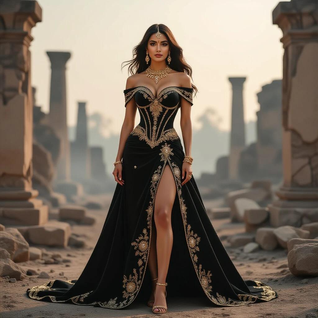 A noblewoman inspired by goddess Lakshmi stands confidently. She wears a luxurious black and gold gown. The gown features an off-shoulder corset bodice adorned with embroidered gems. A thigh-high slit shows part of her leg. Dust and scorch marks are present on the fabric edges. Golden jewelry and a gemstone tiara accompany her look. Her long hair flows in the wind. The background shows ruins with stone pillars. Ash floats in the air with a scorched sky. Dim lighting enhances the scene.