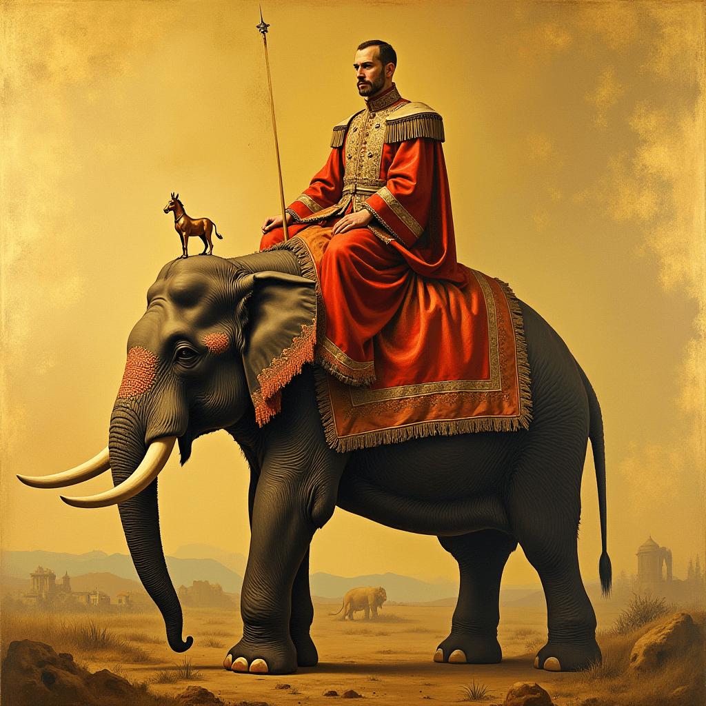 In this striking image, a regal figure dressed in ornate, traditional attire is seated atop a grand elephant. The individual is adorned in a red robe with intricate golden embroidery, exuding an air of nobility and command. The elephant, with its impressive tusks and embellished headgear, stands majestically, symbolizing strength and power.

The scene is elevated by a small, elegant statue of a horse placed on the elephant's head, adding an element of symbolism or whimsy to the composition. The background depicts a vast, sandy landscape under a soft, golden glow, enhancing the mythical and historical feel of the artwork.

In the distance, another animal can be seen, emphasizing the expansive and untamed nature of the environment. The overall mood of the image is one of majesty and adventure, capturing a timeless narrative of exploration and authority in a historical or fantastical context.