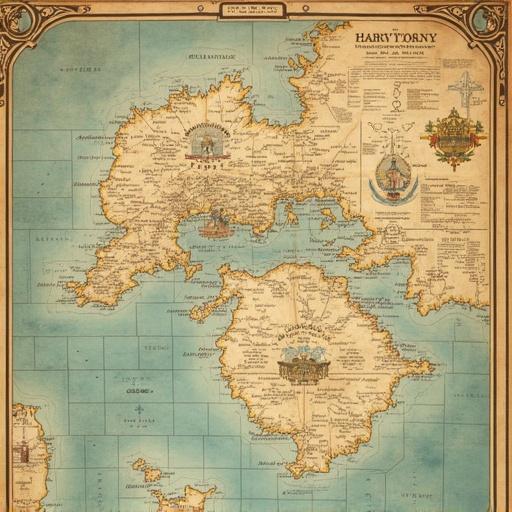 Map illustration depicting islands with detailed geographical features. Decorative elements and labels enhance the vintage appeal. Suitable for educational and artistic applications.