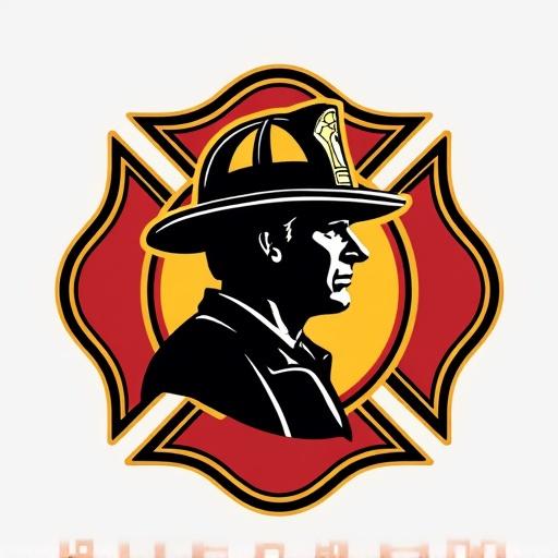 Logo featuring a fireman silhouette in profile view. Design incorporates classic firefighting colors with a bold background.