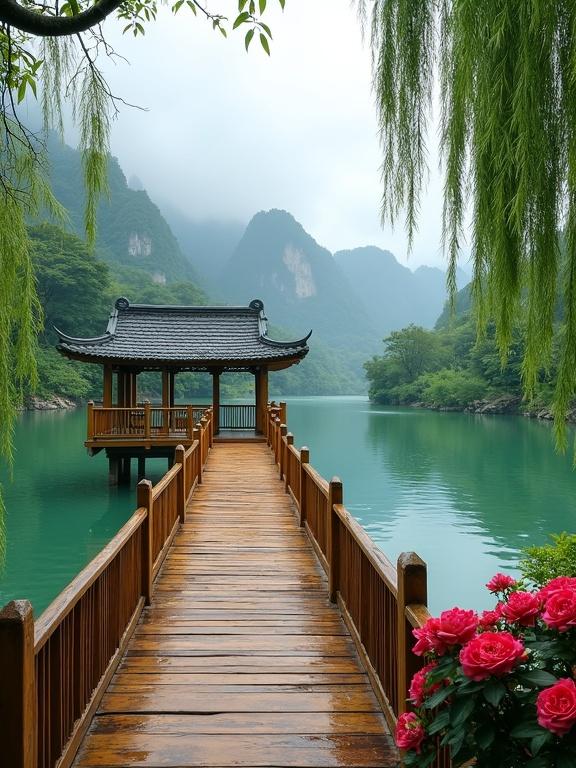 Scenic view shows a wooden bridge leading to a traditional pavilion on water. Surrounded by lush greenery and vibrant flowers. Misty mountains in the background.