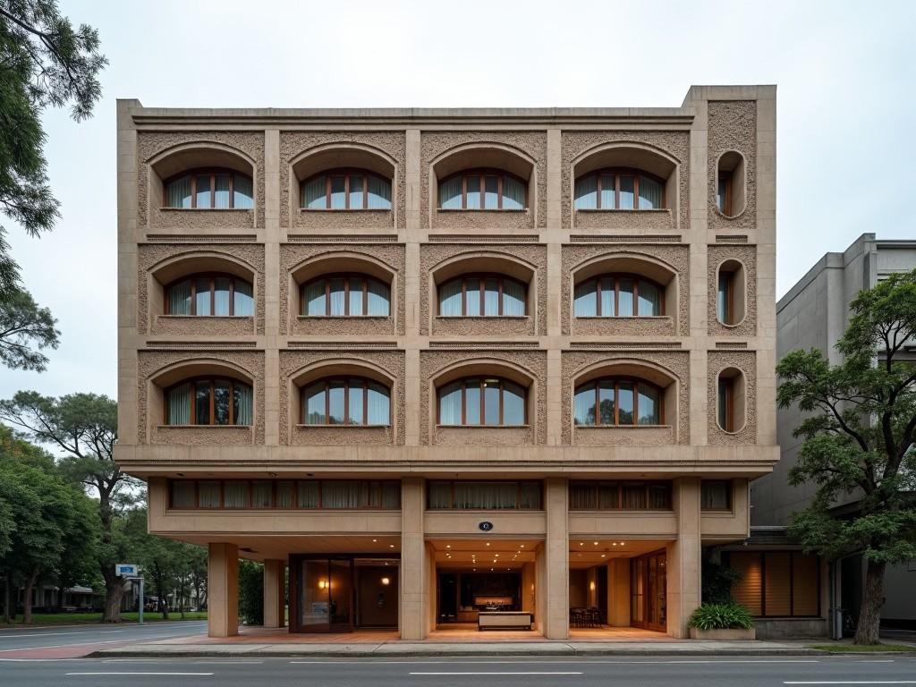 This image features a building with an Art Deco facade, showcasing intricate design elements characteristic of the style. The windows are also in the Art Deco style, adding to the overall elegance of the structure. The facade is clad in laterite stone, providing a unique texture and color. The ground floor is elevated on stilts and features a curtain wall design, allowing for an open feel beneath. Adjacent to the building is a road lined with trees, set against a cloudy day backdrop.