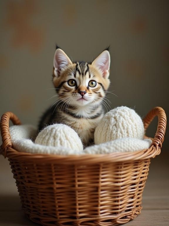 A cute kitten sits in a woven basket surrounded by soft, knitted balls. The setting is cozy with warm lighting illuminating the kitten's fur and the texture of the basket. The background is softly blurred, emphasizing the main subject.