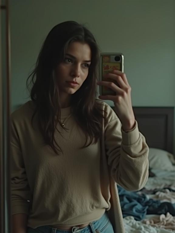 A woman stands in front of a mirror taking a selfie. Dim lighting creates shadows. Room is cluttered with clothes on the bed. Her expression is casual and concentrated. The image is grainy with slight blur and shows smudged mirror.